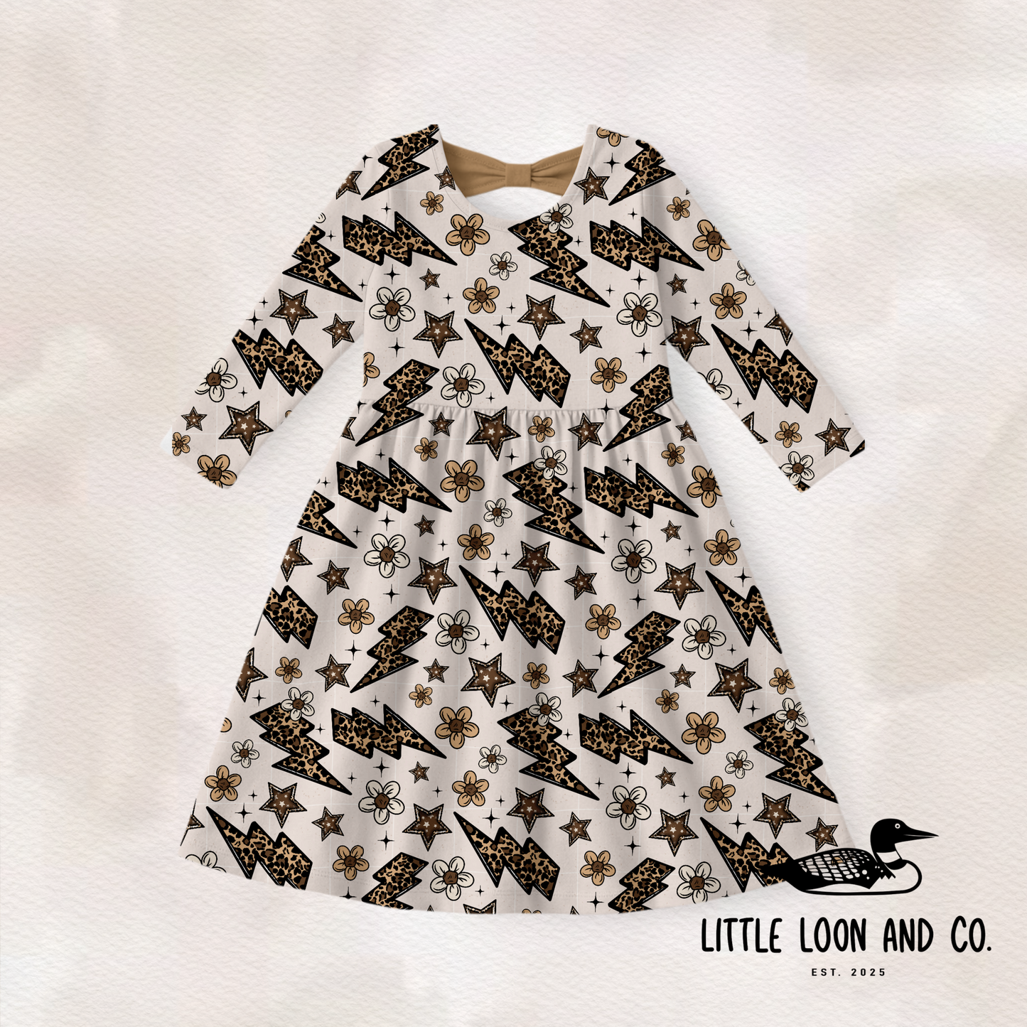 Bolts and Blooms Long Sleeve Bow Back Twirl Dress